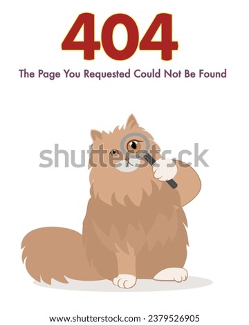 Furry cat holding magnifying glass for 404 error page with isolated white background.