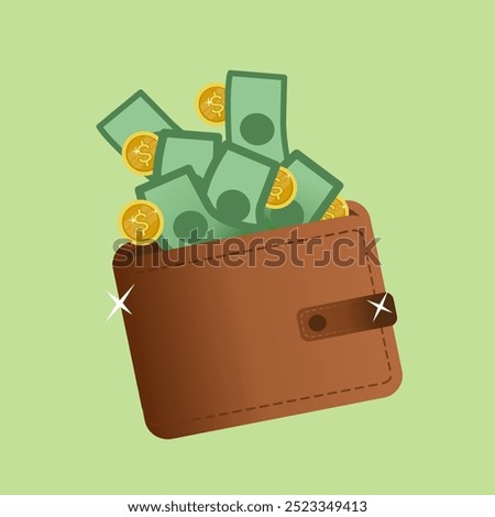 Wallet Filled with Cash and Coins Illustration for Wealth, Finance, and Money Management Concepts