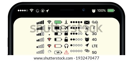 Phone bar status Icons, battery Icon, wifi signal strength. Vector mobile interface top bar icon set for network signals and telephone charge levels status