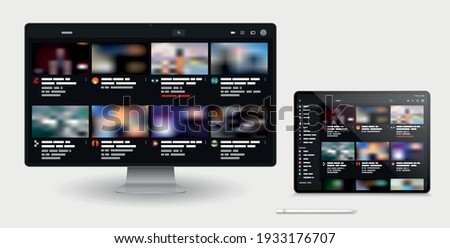 Template video player. Social media content. Desktop interface dark version, ui. Computer, tablet sizes. Vector illustration.