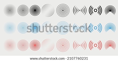 Radio station signal. Radio signal background. Red rings. Pain circle. Symbol of pain. Blue rings sound wave. Radar screen concentric circles elements. Vector illustration