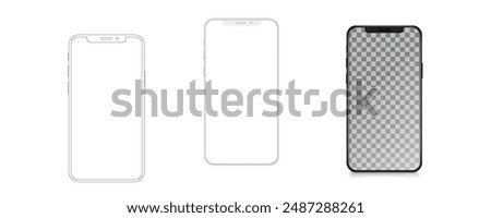 Set smartphone mockup with blank white screen in flat, line and realistic style, detailed mobile phone mockup, black and white models smartphone front view, model 3D mobile phone, ui, ux - vector