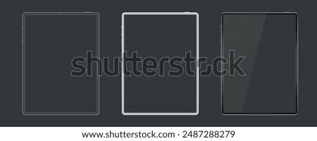 Tablet mockup with blank screen in realistic, clay, flat vector, outline style. detailed tablet mockup, black and white models smartphone front view, model 3D mobile phone, ui, ux - vector.