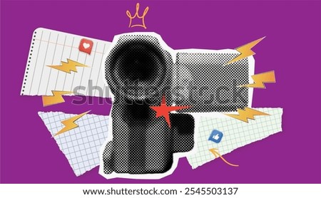 Halftone Camera with like, sparkling star and flash lightning. video camera and decorative elements. Creative bright trendy concept illustration. 