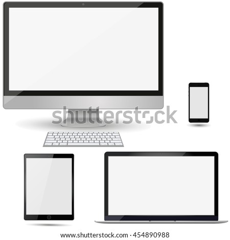 Realistic computer, laptop, tablet and smartphone vectors isolated on white.