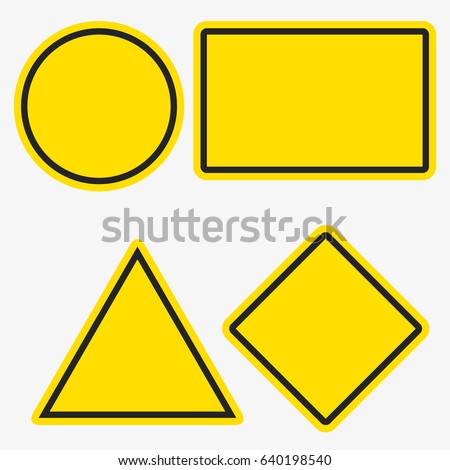 Empty warning sign templates set. Triangle, square or rhombus, round and rectangle shapes. Yellow orange color with black frame
