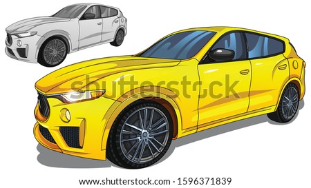 Sport powerful yellow Maserati car  . Vector editable illustration . Auto isolated on white background .