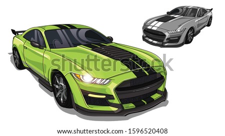 Illustration of green mustang sport car with two strips on car hood . All illustrations are easy to use and highly, logical layered to fit your needs. Shiny mustang isolated on white background