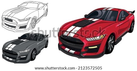 Illustration of sport car Mustang with two white strips on car hood. Easy to use, editable and layered. Vector detailed muscle car isolated on white background, sketch automobile