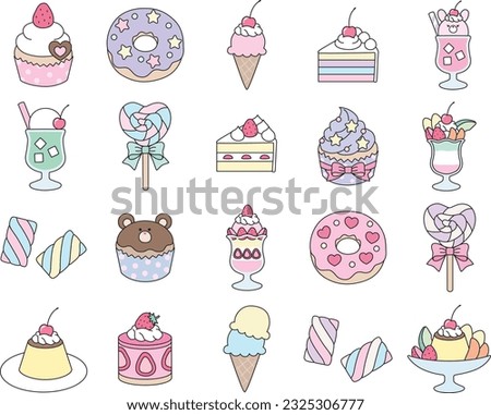 Vector illustration set of dessert icons such as cakes, donuts, puddings and parfaits