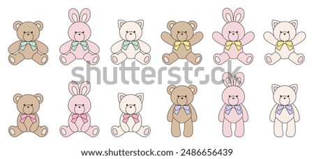 Vector illustration set of cute bear, rabbit and cat stuffed animals with ribbons