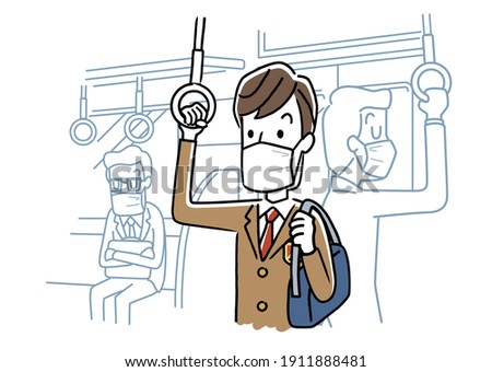 Vector illustration material: Male student wearing a mask and going to school by train