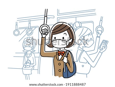 Vector illustration material: Female student wearing a mask and going to school by train
