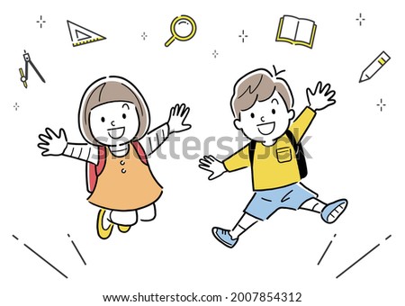 Vector illustration material: Men and women in elementary school who jump with a school bag on their backs