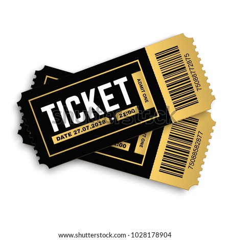 Two, pair vector ticket isolated isolated on white background. Cinema, theater,  concert, play, party, event, festival black and gold ticket realistic template set. Ticket icon for website. 