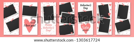 Valentine's Day Editable Social Network Stories Template Set with Photo Frames and Grunge Hearts, Color Stickers for Sale, Flyers, Banners with text: I love you, U & Me, Sale, Happy Valentine's Day.