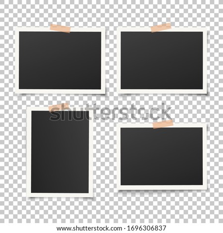 Set of empty photo frames with adhesive tape. Vector vintage picture with adhesive tapes. Photo realistic vector EPS10 mockups. Retro photo frame templates. 4 photos on wall.