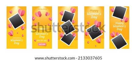 8 March banner set for phone stories. International Women's Day greeting cards with place for photos. Yellow abstract gradient backgrounds. Flying 3d pink paper hearts. 50% off sale banner with button