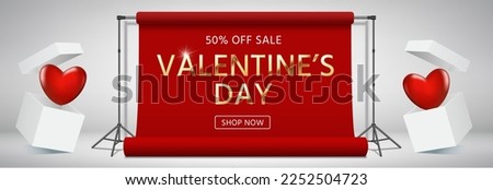 Sale banner with heart balloons and gift boxes. Advertising for sale in jewelry store. St. Valentine's day promo website header. Romantic composition and hearts. White gift packaging. 3d trendy design