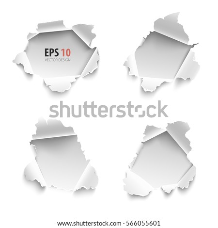 Holes in white paper. Vector illustration. Hole collection of banners for text. Set of realistic torn paper vector isolated on white background. Curled sides with ripped edges. 