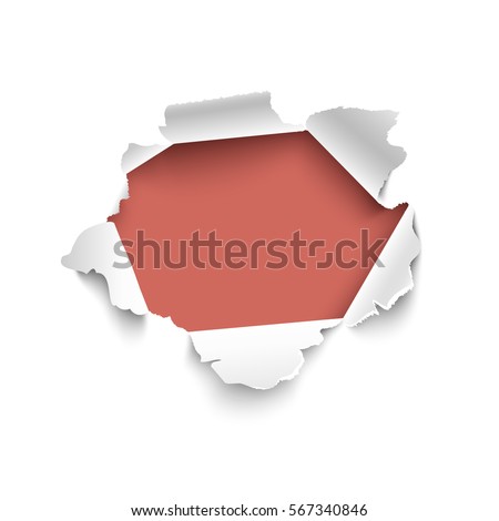 Hole in white paper with red background. Vector illustration. Banner with space for text. Realistic torn paper vector isolated on white background. Curled sides with ripped edges. 