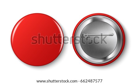 Red pin button, vector. Pin button set. Collection of realistic pin buttons. Red blank badge pin brooch isolated on white background. 3D vector style.  Web button.