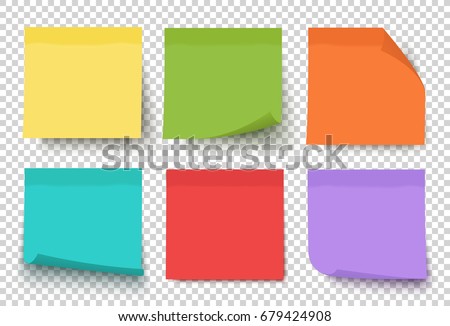 Multicolor notes isolated on transparent background (post it). Colored sticky note set. Vector realistic illustration. Sticky note collection with curled corners and shadows.