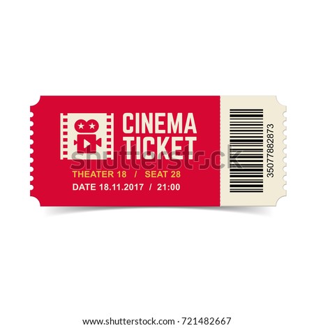Vector red cinema ticket isolated on white background.