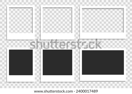 Polaroid photo frame. Set collection of templates with light realistic shadow. Vector retro illustration in variants with empty and dark middle.