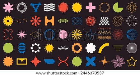 Collection of vector trending abstract shapes. Basic primitive figures spiral, star, flower, lines, circles, dots and more complex objects. Some elements have editable stroke for comfortable editing.