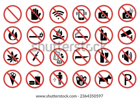 Prohibition signs. A large set of prohibitory signs warning about the prohibition of various actions. Icons isolated on white background. Vector illustration.