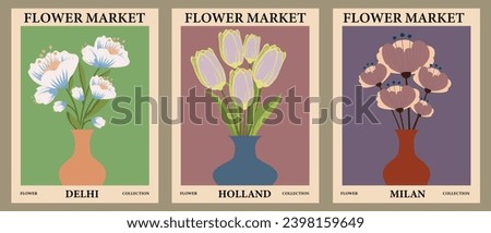Set of flower market posters in retro style. Bouquets of flowers in vases. Abstract floral illustration. Template for cards, wall art, banner, background. Vector illustration.