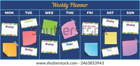 Weekly planner vector template with sticky notes. Organizer and schedule with space for notes, goals and to-do list. Fashionable style. Abstract modern design.