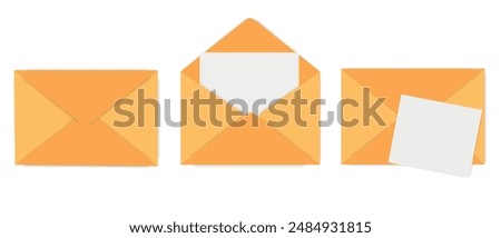 Set of yellow postal envelopes in yellow color on a white background. Mail envelope closed and open with white note paper. Vector design element.