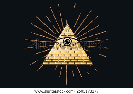 Eye of All Vision. Illuminated pyramid triangle with golden sun rays. Golden Illuminati, golden eye, esotericism