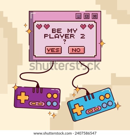 Hand drawn valentine card with two gamepads in comic style. Video game screen with pixel text and hearts