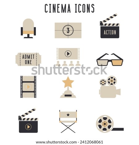 Cinema icons set. Movie theatre attributes collection. Filming illustration