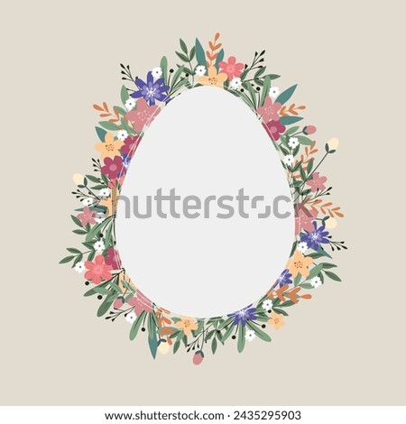 Spring flowers and leaves around egg shaped frame. Background for postcard design, invitations, congratulations. Cute eastern concept composition