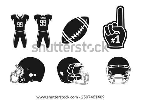 American football set icon, black solid design. available jersey, rugby ball, helmet and number one fan gloves, editable vector eps 10.