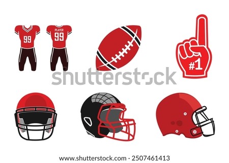 American football set icon, red design. available jersey, rugby ball, helmet and number one fan gloves, editable vector eps 10.