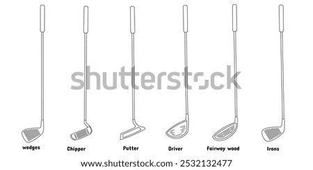 golf stick set design, outline style, various types and names. drivers, fairways, chippers, widgets, putters, irons. editable vector eps 10.