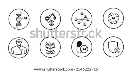 healthcare and medical artificial intelligence icon set. outline style in circle. editable vector eps 10.