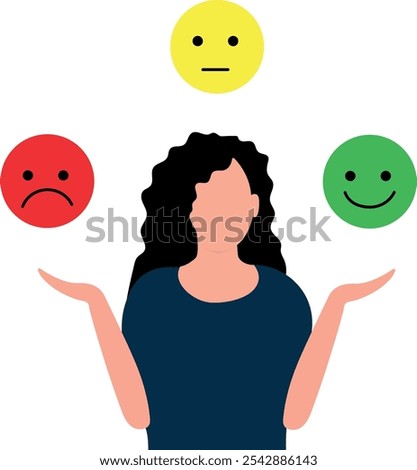 Woman Balancing Emotions with Happy, Sad, and Neutral Faces Vector Illustration