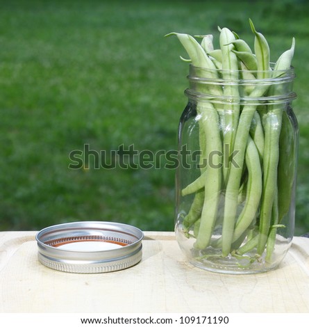 A jar full of fresh picked green beans (snap, bush beans) on a wooden cutting board outside among nature with room for your text