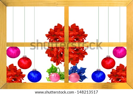 A Christmas design with red,violet,blue and pink Christmas balls, poinsettia leaves as seen through a wooden window frame isolated on white with room for your text
