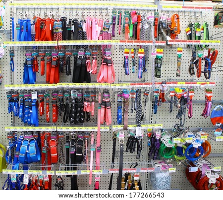 GLOUCESTER, VA - FEBRUARY 13: Pet collars in the pet supply dept , Walmart founded by Sam Walton in 1962, incorporated on October 31, 1969, and publicly traded on the New York Stock Exchange in 1972
