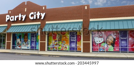 NEWPORT NEWS, VIRGINIA - JULY 3, 2014: A Party city store in Virginia, Party City is the leader in the party goods, with some 800 company-owned and franchise stores throughout the U.S. and Puerto Rico
