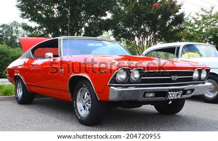 GLOUCESTER, VIRGINIA - JULY 12, 2014: A Red 1969 Chevelle SS396 in the Blast from the PAST CAR SHOW,The Blast From the Past car show is held once each year in July in Gloucester Virginia.