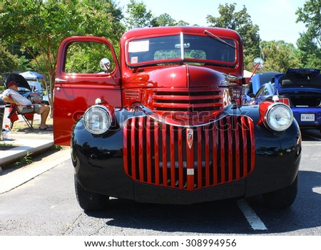 GLOUCESTER, VIRGINIA - AUGUST 22, 2015:A 1941 red Chevrolet truck interior in the DRIVE-IN FOR DIABETES CAR SHOW Sponsored by Tractor Supply in August in 
Gloucester Virginia.