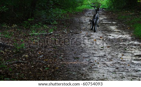 a mountain bike coming down a trail through the woods with room for your text